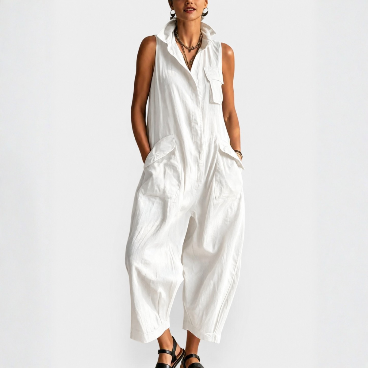 Dames Cargo Jumpsuit Zonder Mouwen met Verfijnde Kraag