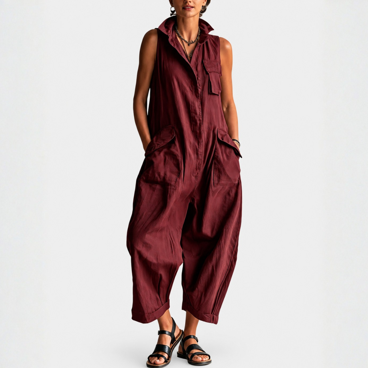 Dames Cargo Jumpsuit Zonder Mouwen met Verfijnde Kraag