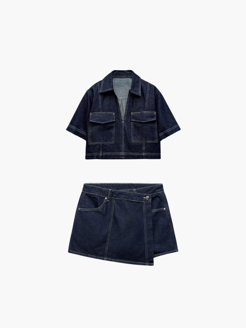 Ashley - Denim Set Damesoutfit met Top en Skort in Licht of Donker Denim