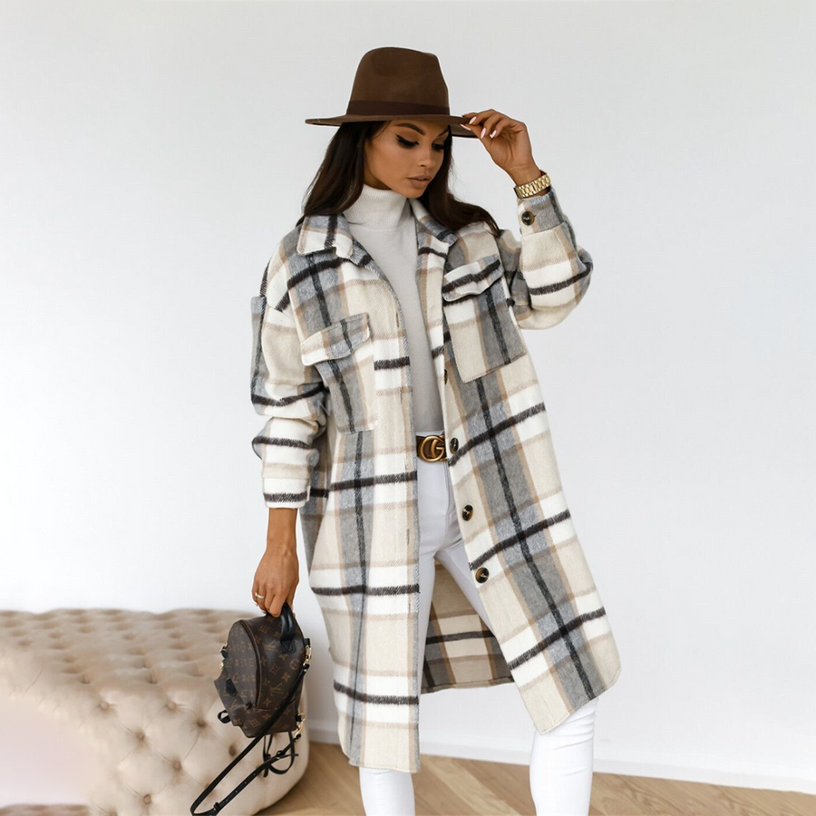 Candy | Dames lange jas met geruite print en elegante pasvorm