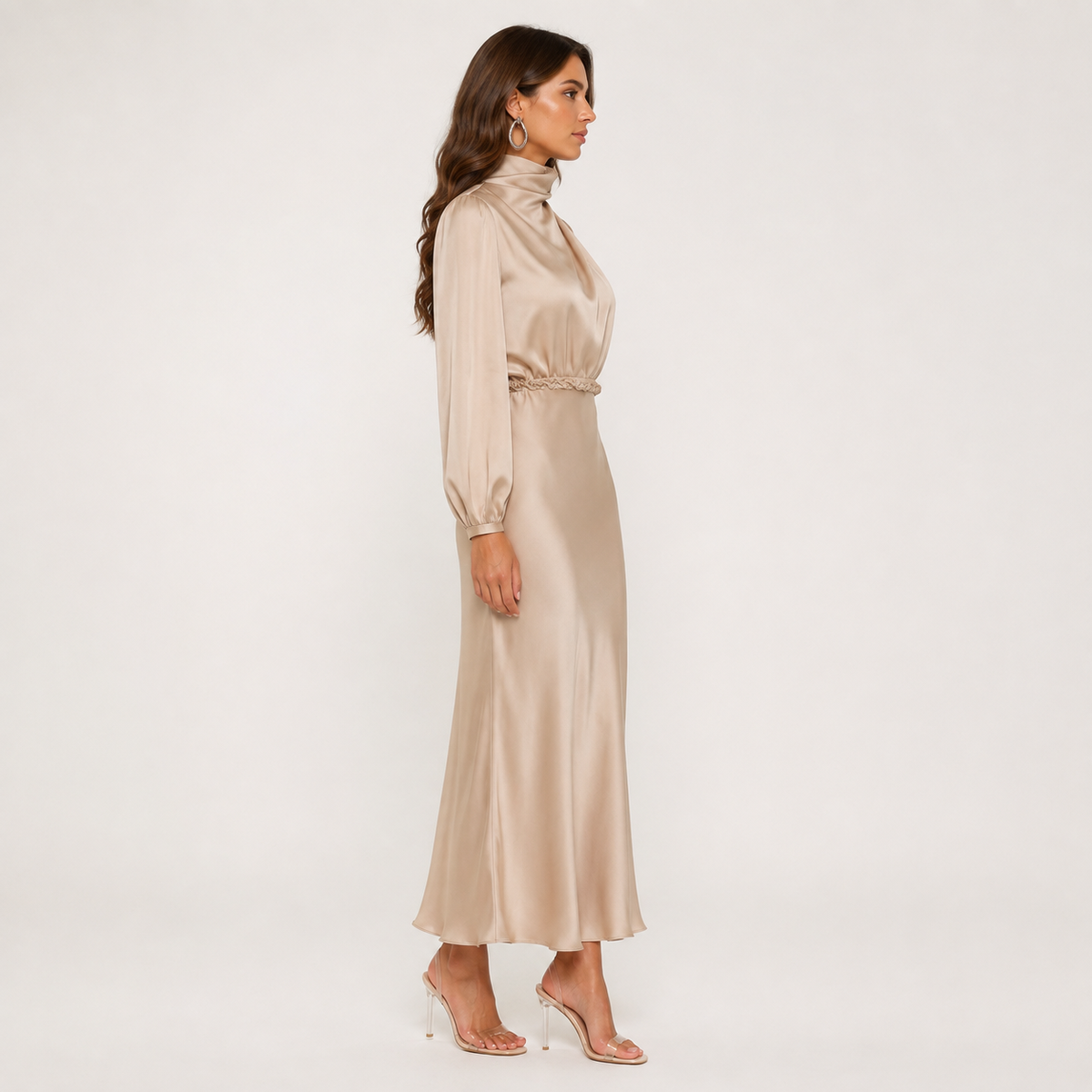 Dames Hoge Taille Midi Jurk – Effen, Casual, Geschikt voor Avondkleding