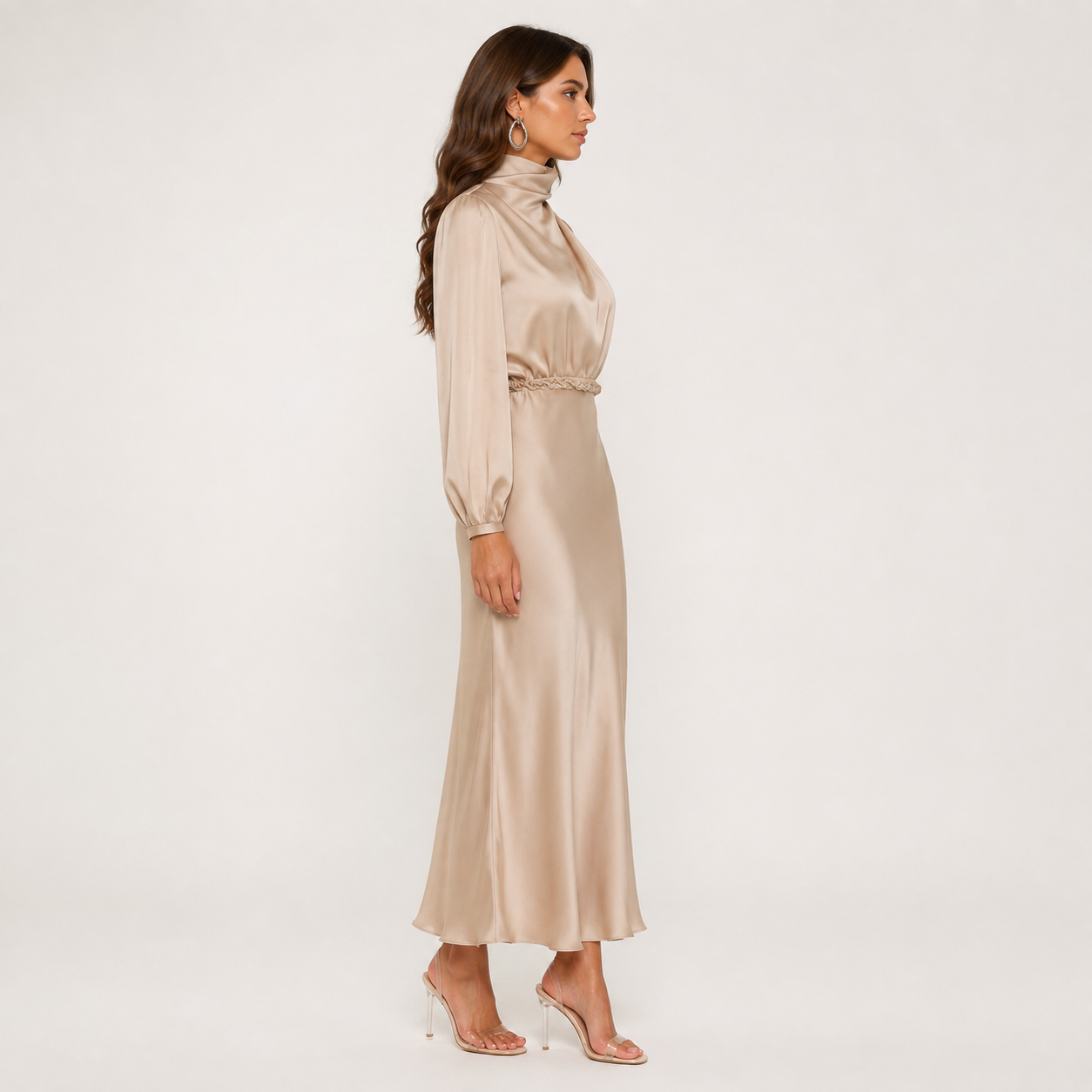 Dames Hoge Taille Midi Jurk – Effen, Casual, Geschikt voor Avondkleding
