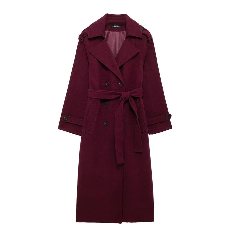 Romee Mantel | Dames burgundy jas met ceintuur en dubbele knopenrij