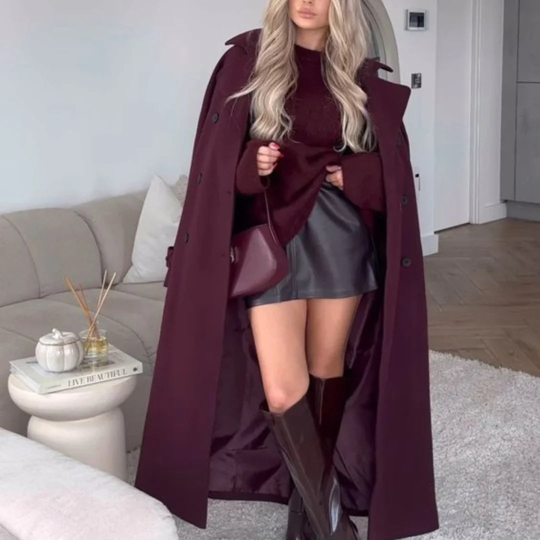 Romee Mantel | Dames burgundy jas met ceintuur en dubbele knopenrij