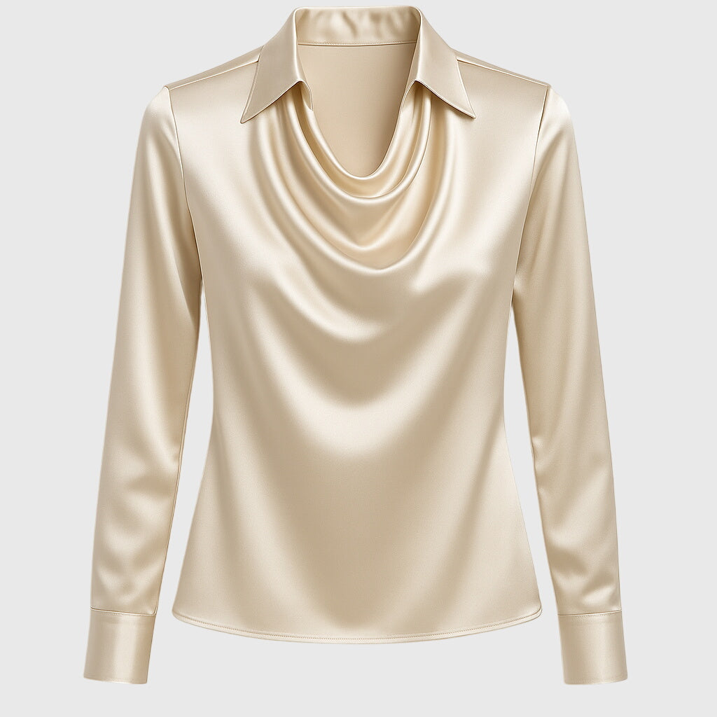 Monique | Dames blouse met geplooide halslijn en subtiele glans – elegant veelzijdig
