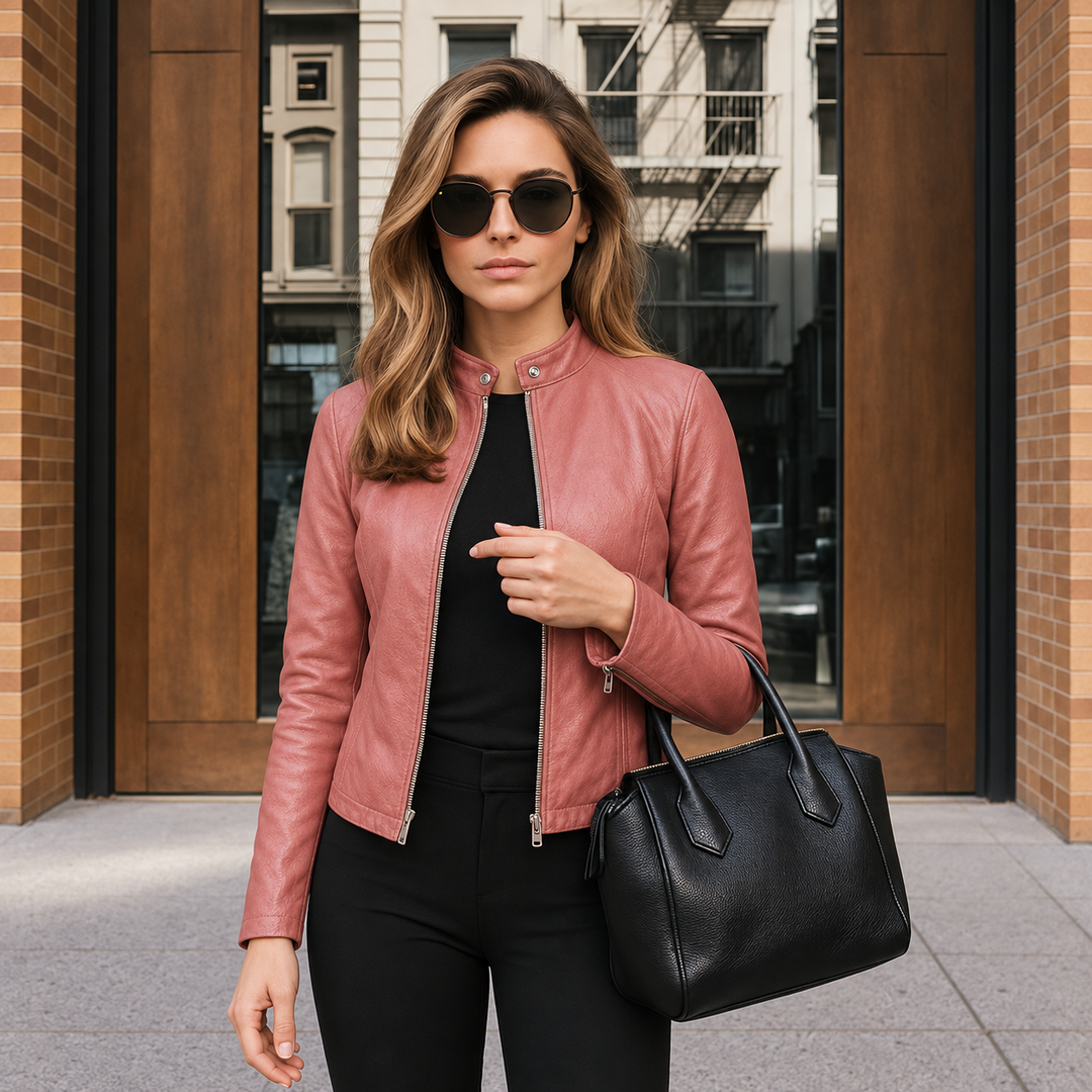 Dames Leren Jas Slim Fit met Rits en Opstaande Kraag