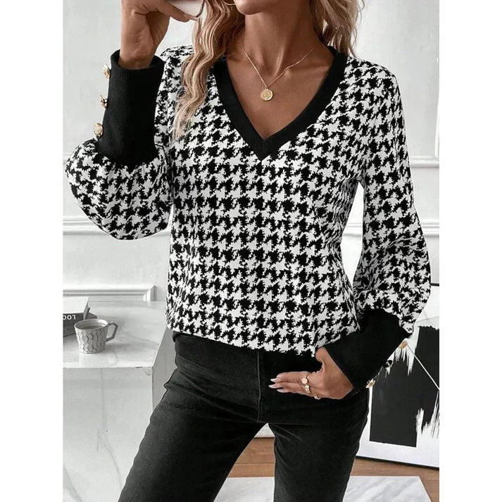 Elegante v-hals trui met lange mouwen en ruitjes