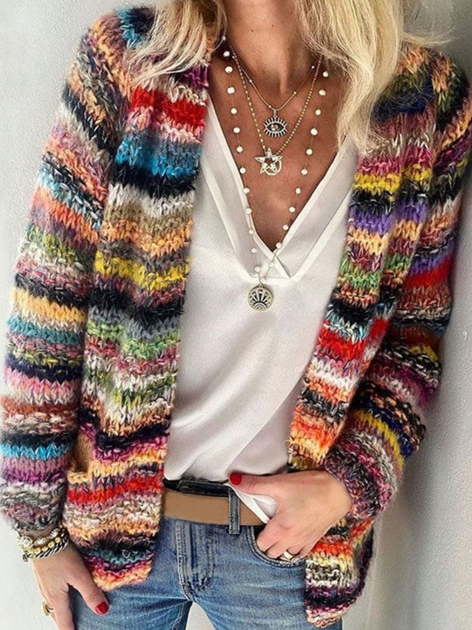 Dames Gestreept Vest met Open Voorpand – Boho Gebreide Cardigan