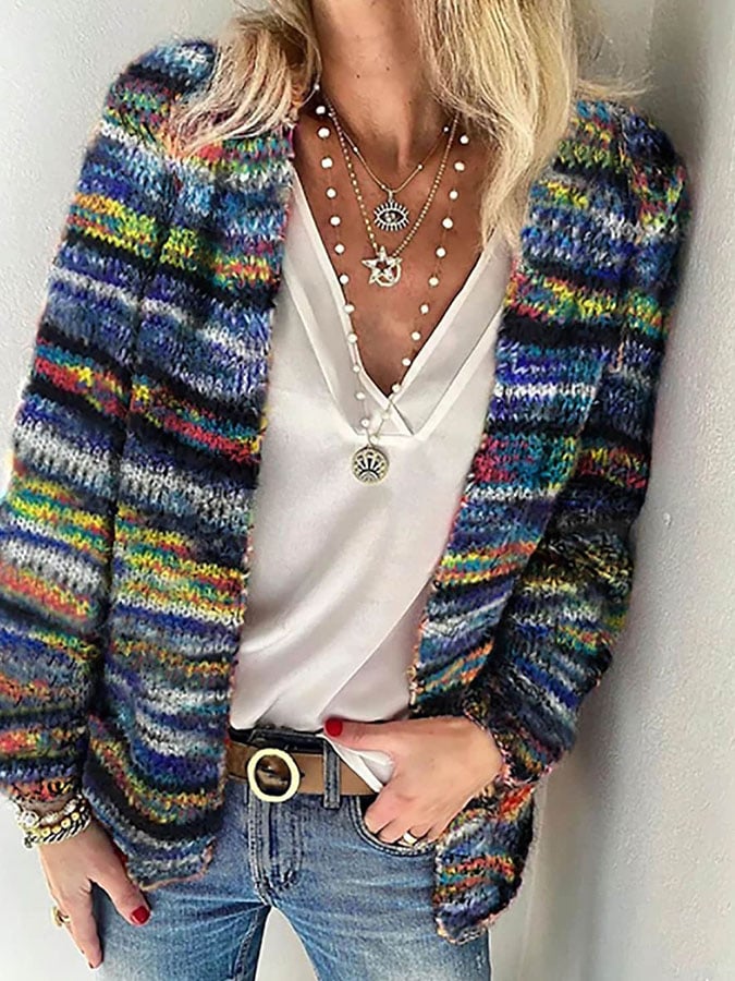 Dames Gestreept Vest met Open Voorpand – Boho Gebreide Cardigan