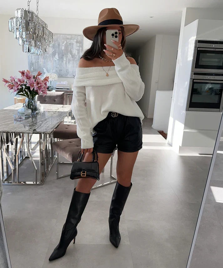 Basia off-shoulder trui dames | Witte fluffy trui met luxe comfort