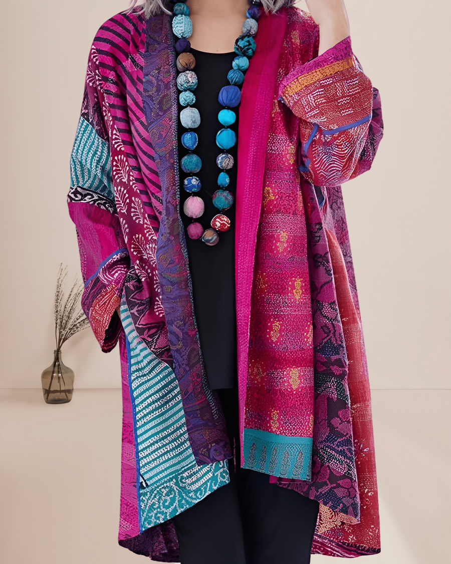 Dames Kimono Vest Boho Patchwork Print - Lang Open Vest