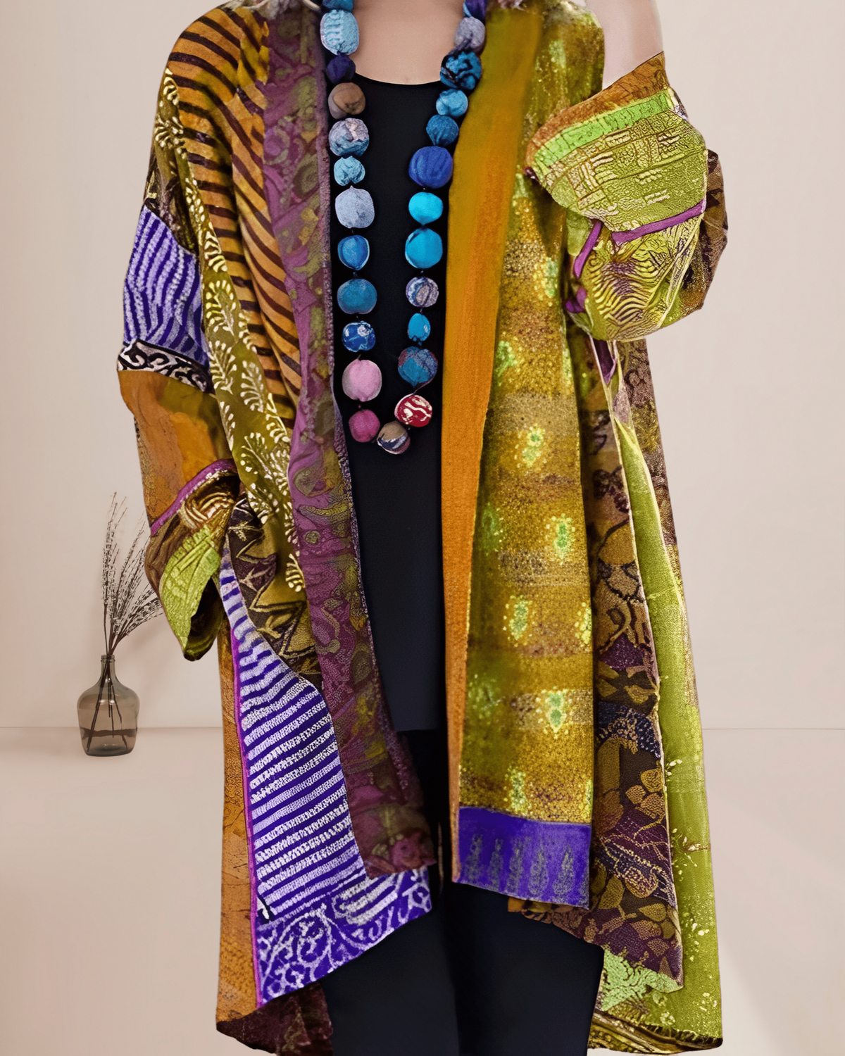 Dames Kimono Vest Boho Patchwork Print - Lang Open Vest