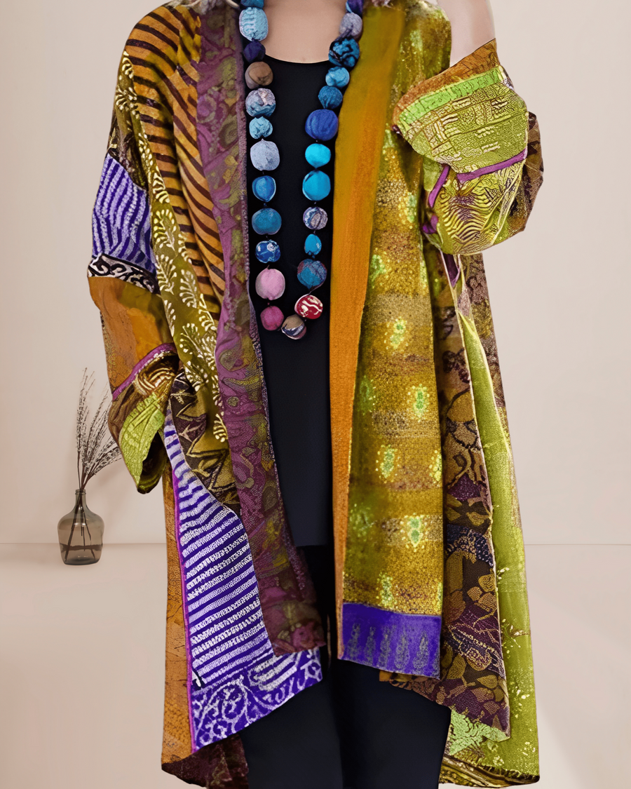 Dames Kimono Vest Boho Patchwork Print - Lang Open Vest