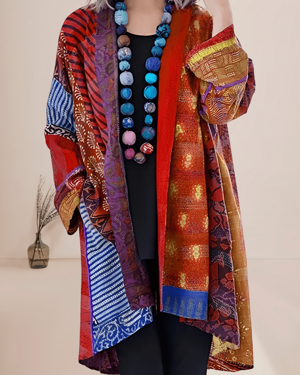 Dames Kimono Vest Boho Patchwork Print - Lang Open Vest
