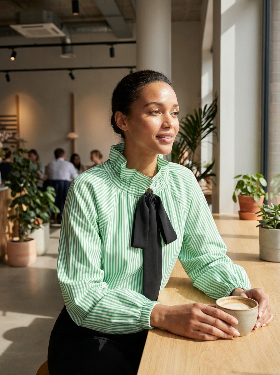 Dames Getailleerde Blouse – Met Hoge Kraag en Strik, Geschikt voor Werk en Dagelijks Gebruik