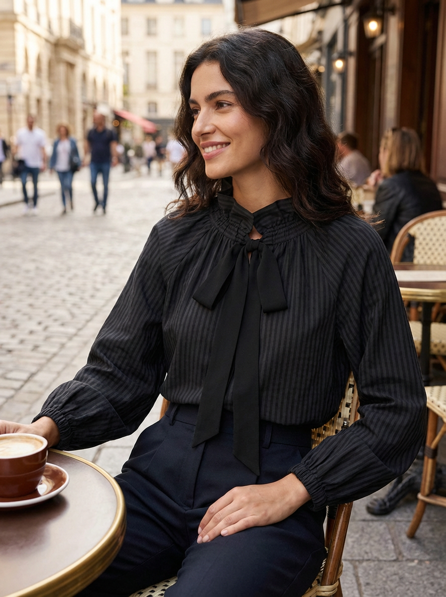 Dames Getailleerde Blouse – Met Hoge Kraag en Strik, Geschikt voor Werk en Dagelijks Gebruik
