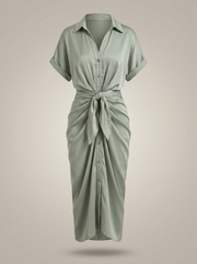 Dames Getailleerde Midi Jurk – Met Taille Strik en Knoopsluiting, Geschikt voor Casual en Werk