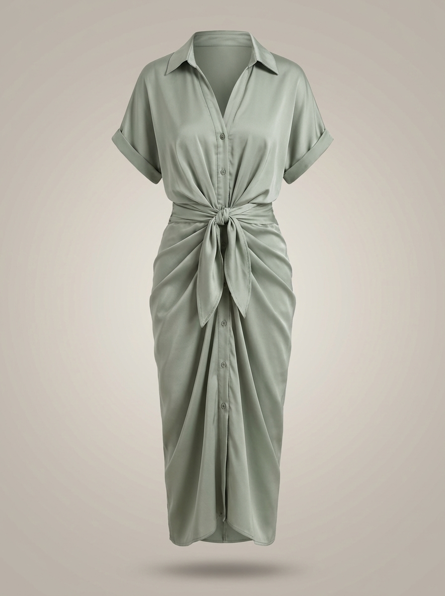 Dames Getailleerde Midi Jurk – Met Taille Strik en Knoopsluiting, Geschikt voor Casual en Werk