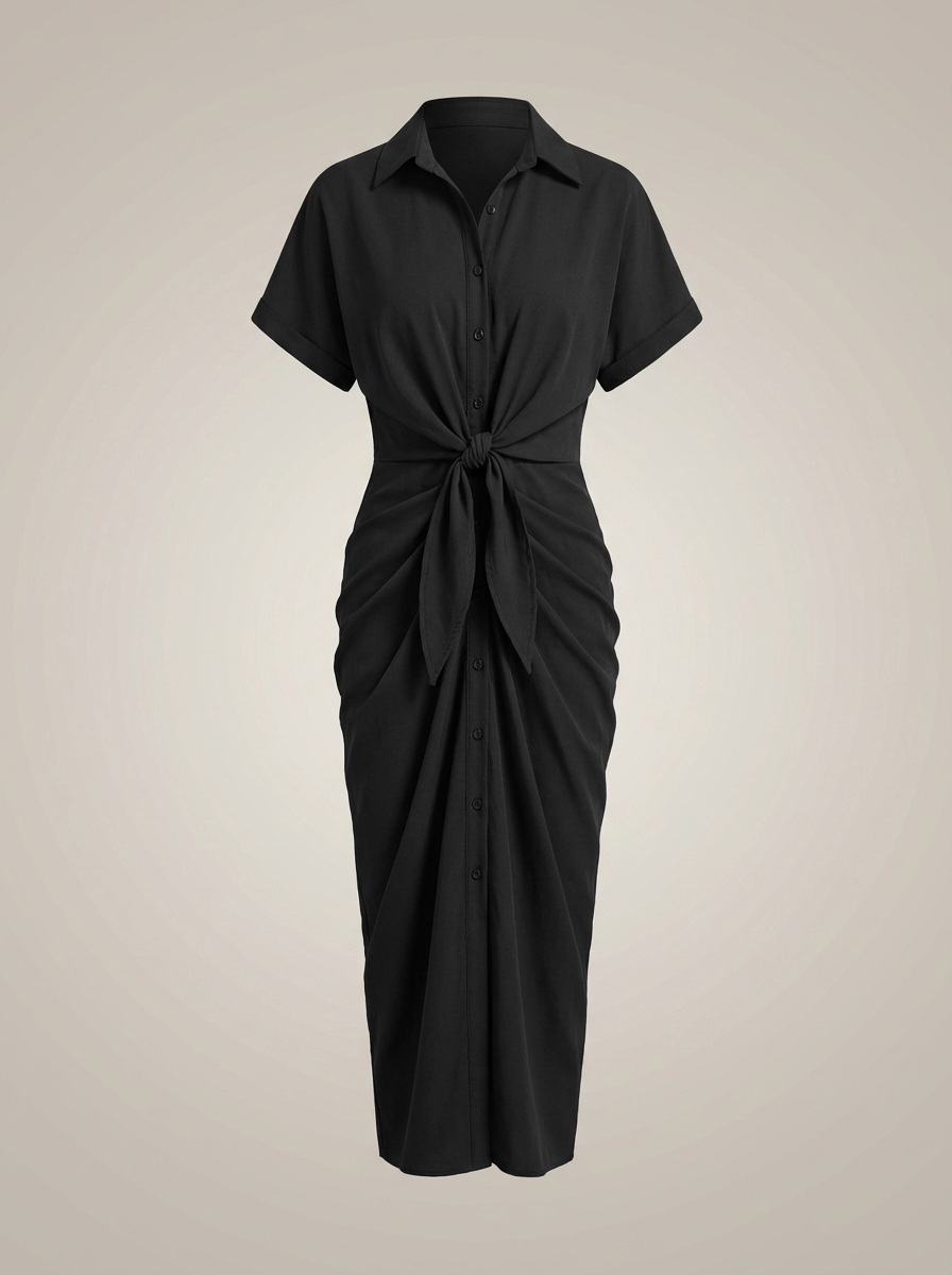 Dames Getailleerde Midi Jurk – Met Taille Strik en Knoopsluiting, Geschikt voor Casual en Werk