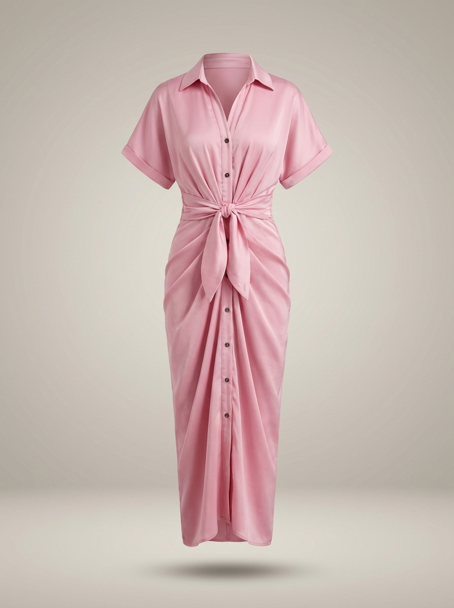 Dames Getailleerde Midi Jurk – Met Taille Strik en Knoopsluiting, Geschikt voor Casual en Werk