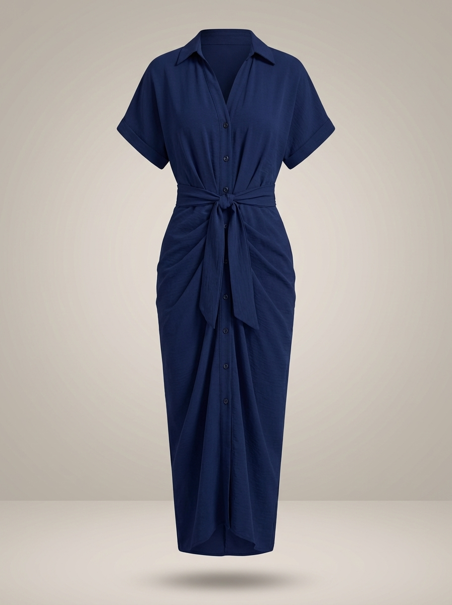 Dames Getailleerde Midi Jurk – Met Taille Strik en Knoopsluiting, Geschikt voor Casual en Werk