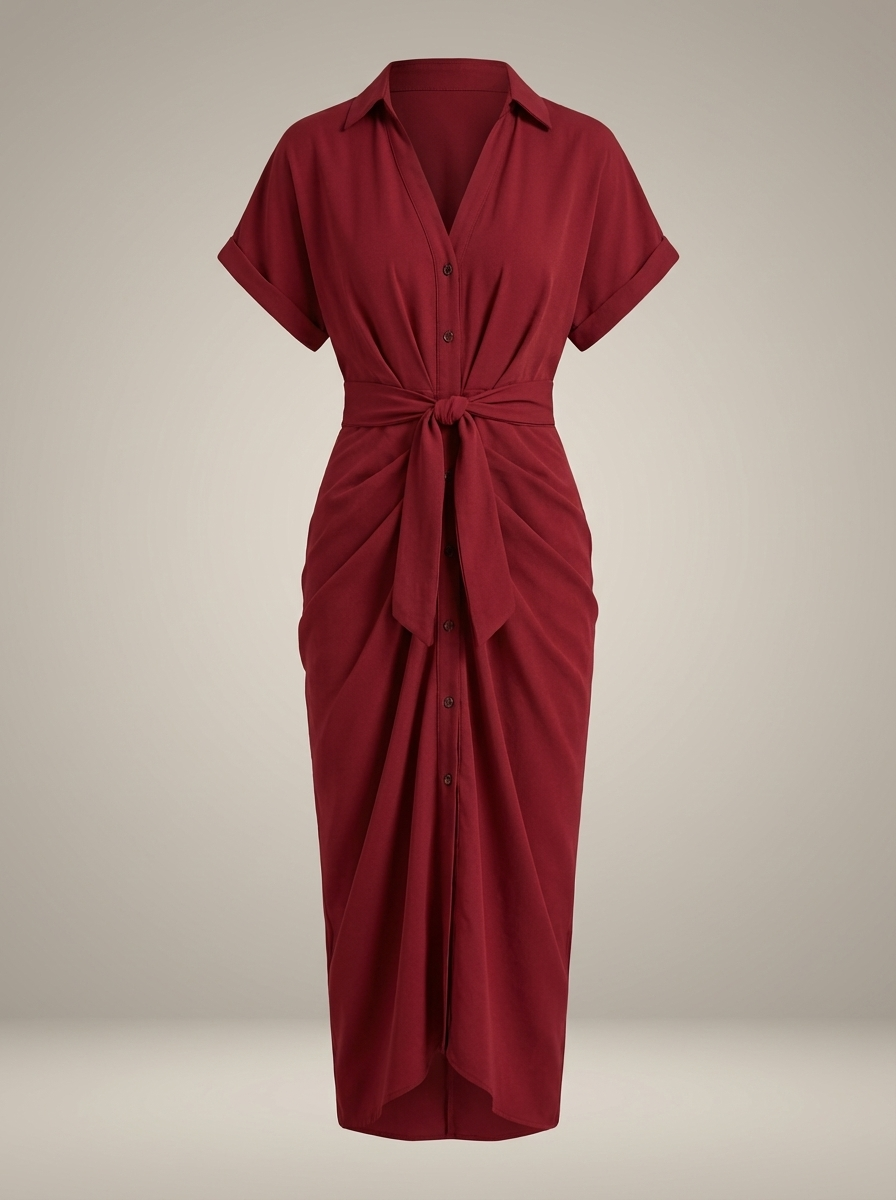 Dames Getailleerde Midi Jurk – Met Taille Strik en Knoopsluiting, Geschikt voor Casual en Werk
