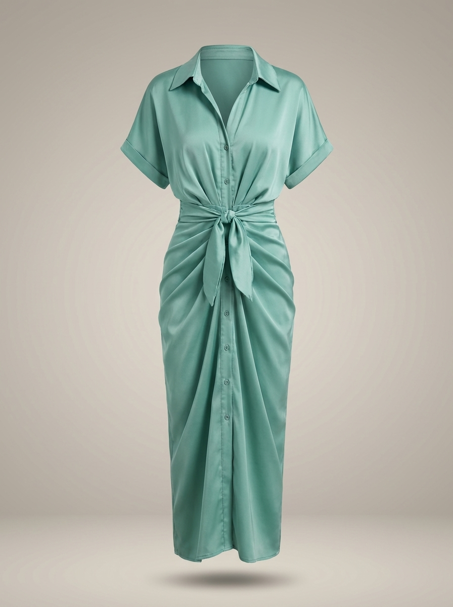 Dames Getailleerde Midi Jurk – Met Taille Strik en Knoopsluiting, Geschikt voor Casual en Werk