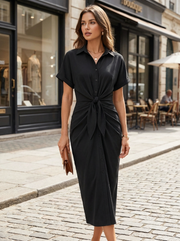 Dames Getailleerde Midi Jurk – Met Taille Strik en Knoopsluiting, Geschikt voor Casual en Werk