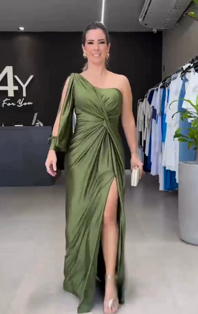 Xyza - Satijnen Maxi-jurk met één Schouder