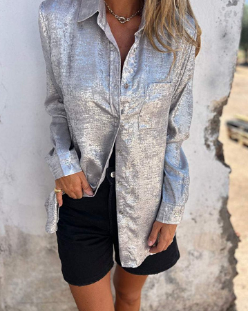 Casual Blouse met Bronzing Patroon | Damesblouse met Patchwork en Omgeslagen Kraag