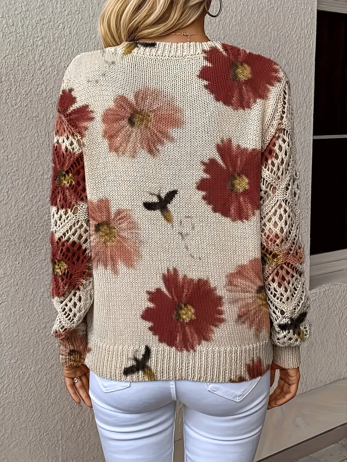 Nancy Dames Trui | Luchtig Gebreid met Bloemen, V-Hals, Comfortabel