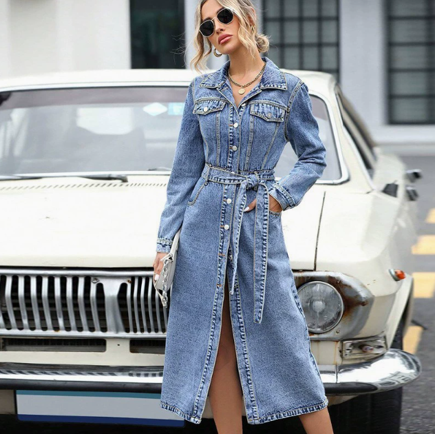Karin | Stijlvolle Denim Midi-Jurk met Lange Mouwen en Knopen