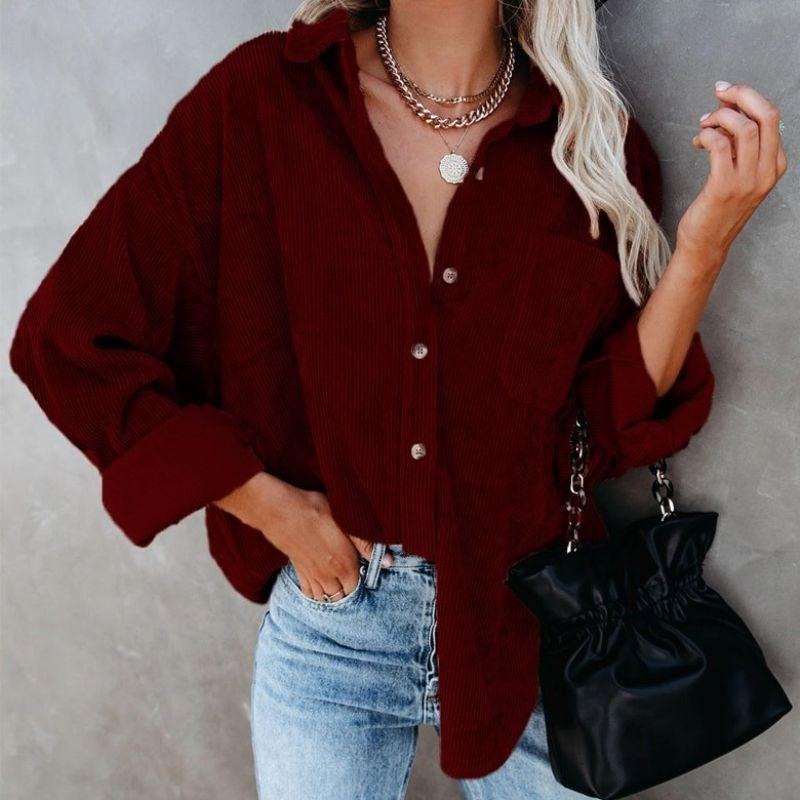 Danica corduroy blouse dames | Button-up blouse met borstzak en boyfriend fit