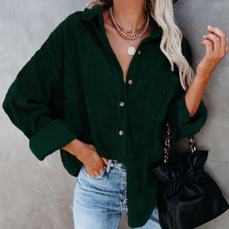Danica corduroy blouse dames | Button-up blouse met borstzak en boyfriend fit