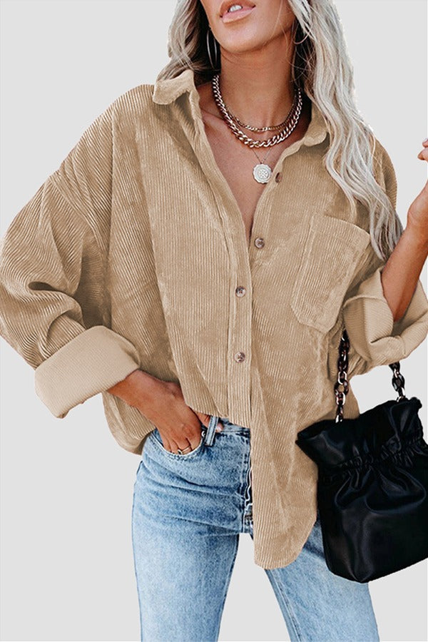Danica corduroy blouse dames | Button-up blouse met borstzak en boyfriend fit