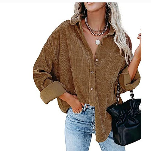 Danica corduroy blouse dames | Button-up blouse met borstzak en boyfriend fit