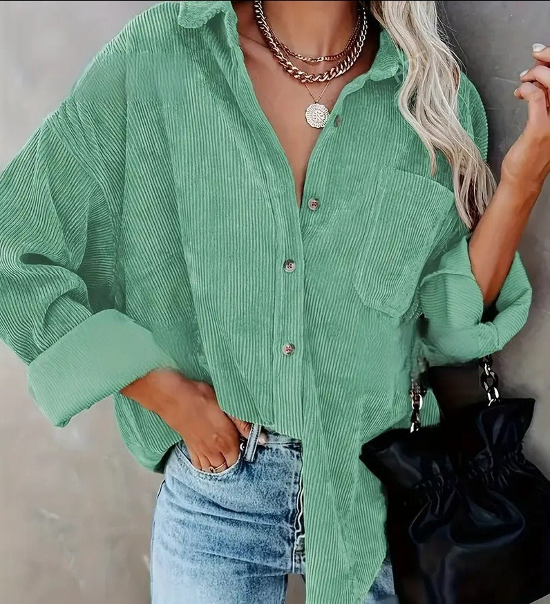 Danica corduroy blouse dames | Button-up blouse met borstzak en boyfriend fit