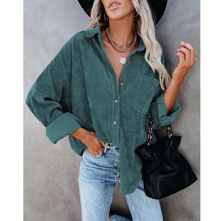 Danica corduroy blouse dames | Button-up blouse met borstzak en boyfriend fit