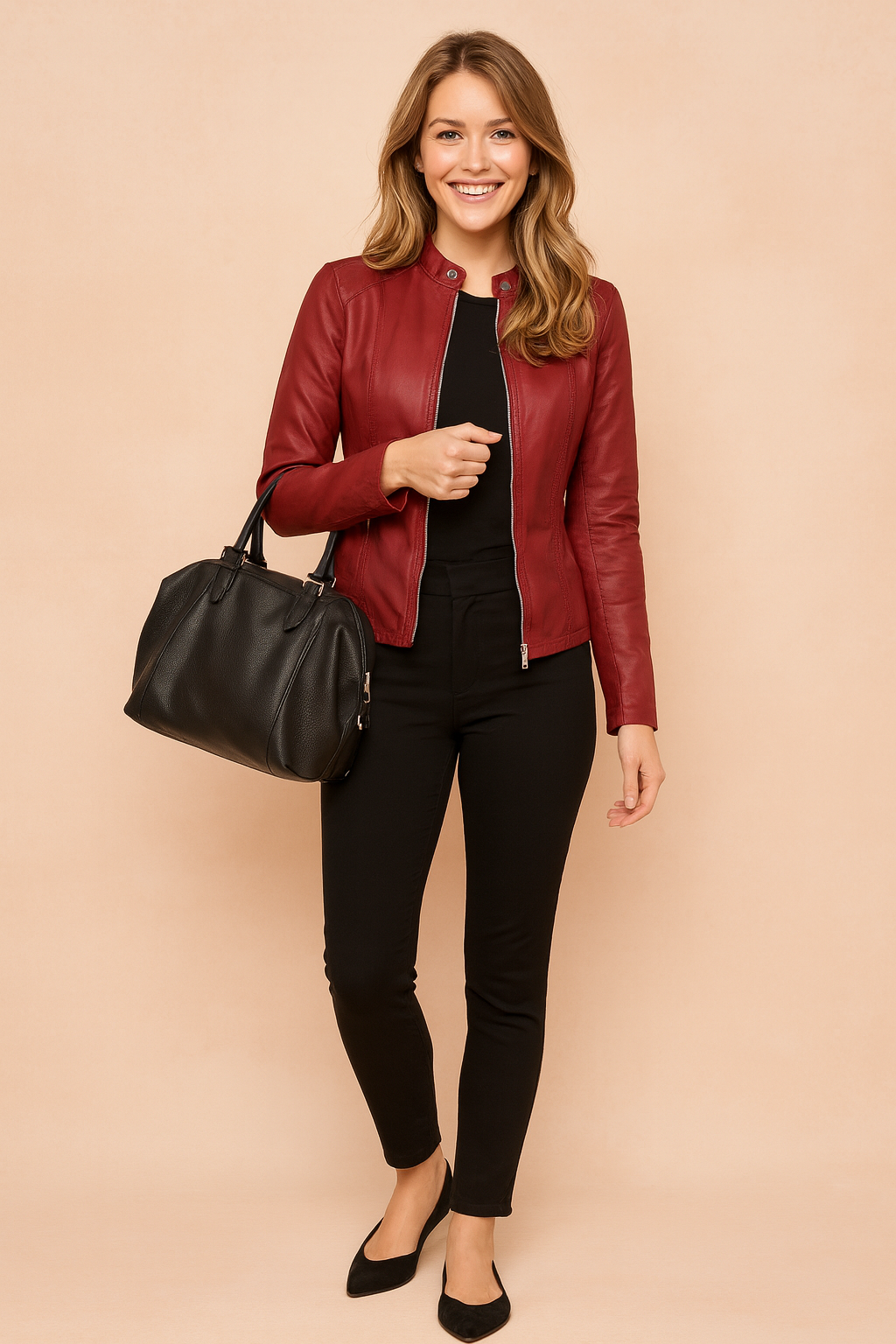 Dames Bikerjack Kunstleer met Ritssluiting - Slanke Snit