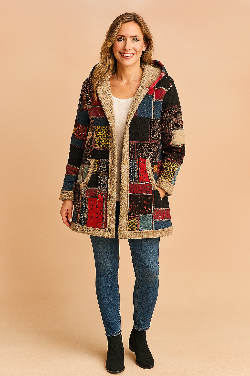Dames Fleecejas Lang met Capuchon - Patchwork Motief