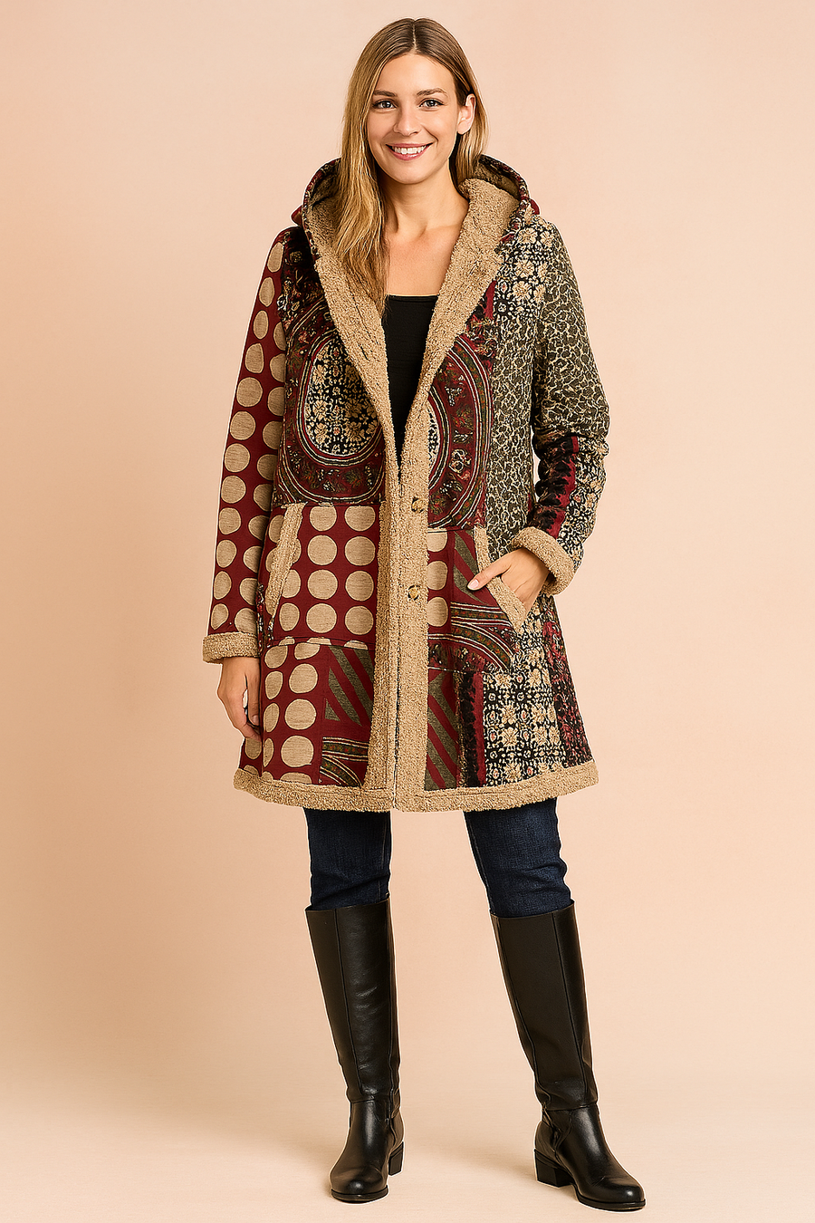 Dames Fleecejas Lang met Capuchon - Patchwork Motief