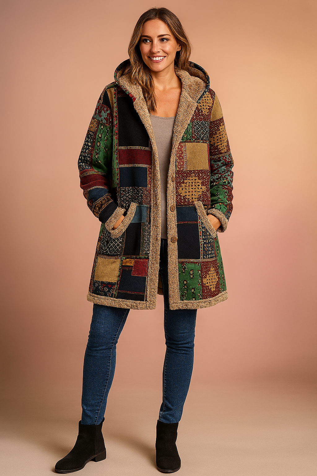 Dames Fleecejas Lang met Capuchon - Patchwork Motief