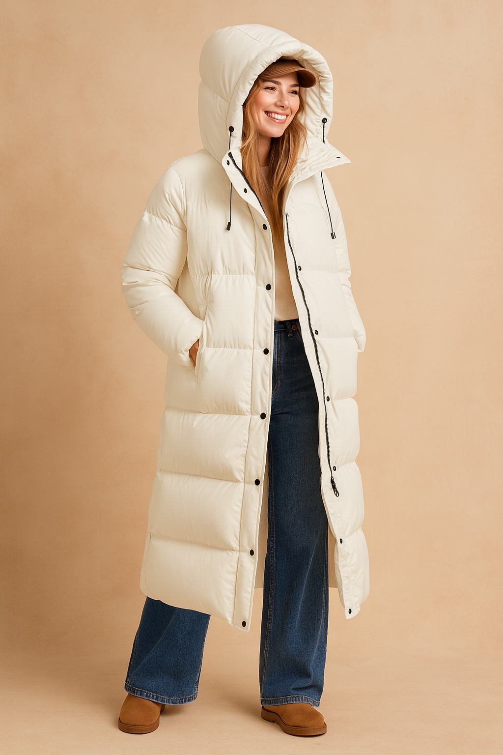 Dames Gewatteerde Winterjas Lang Model met Capuchon