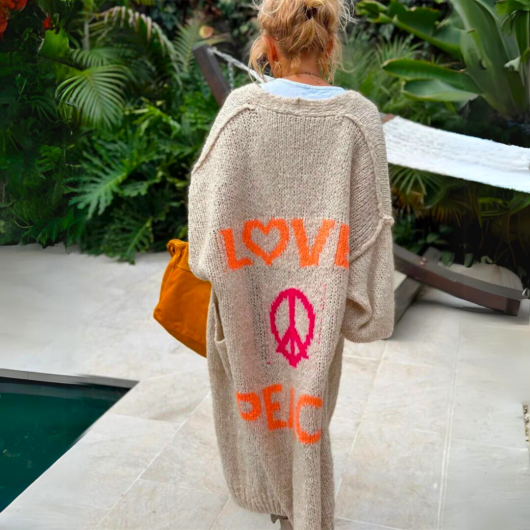 Dames Lang Oversized Vest met Love Peace Print Rug