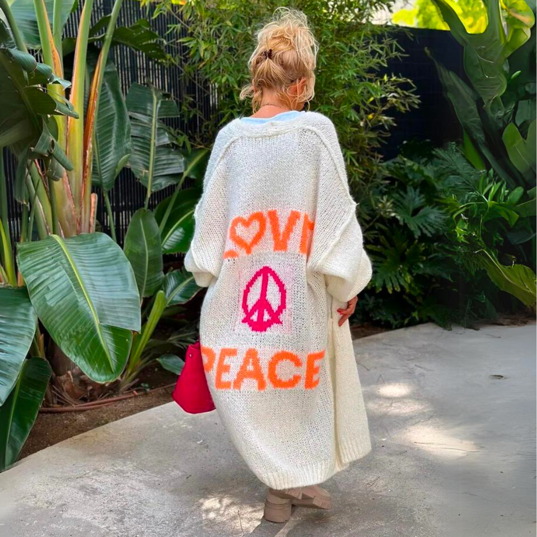Dames Lang Oversized Vest met Love Peace Print Rug