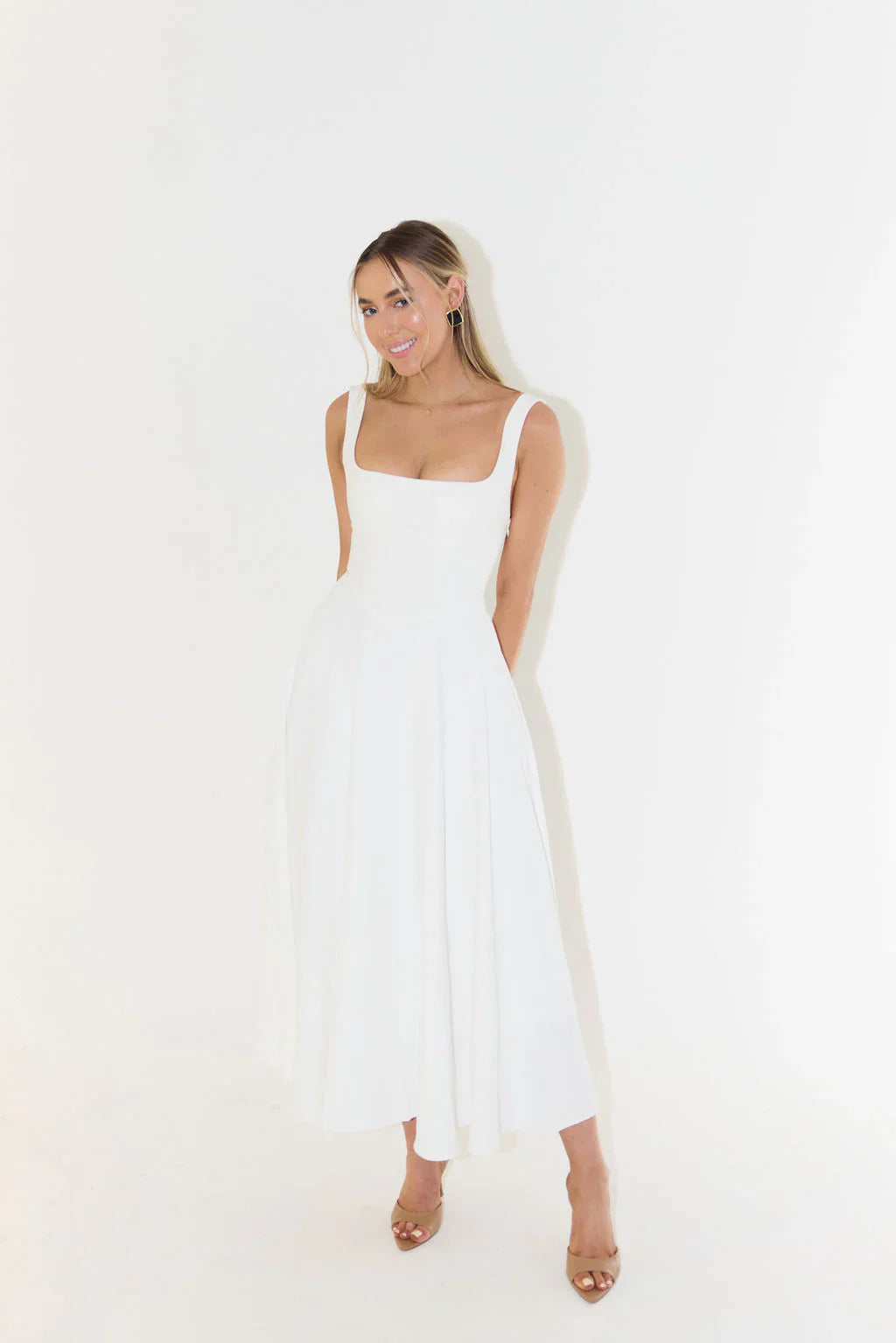 Ivette - Midi Jurk Met Hoge Taille En Vierkante Hals