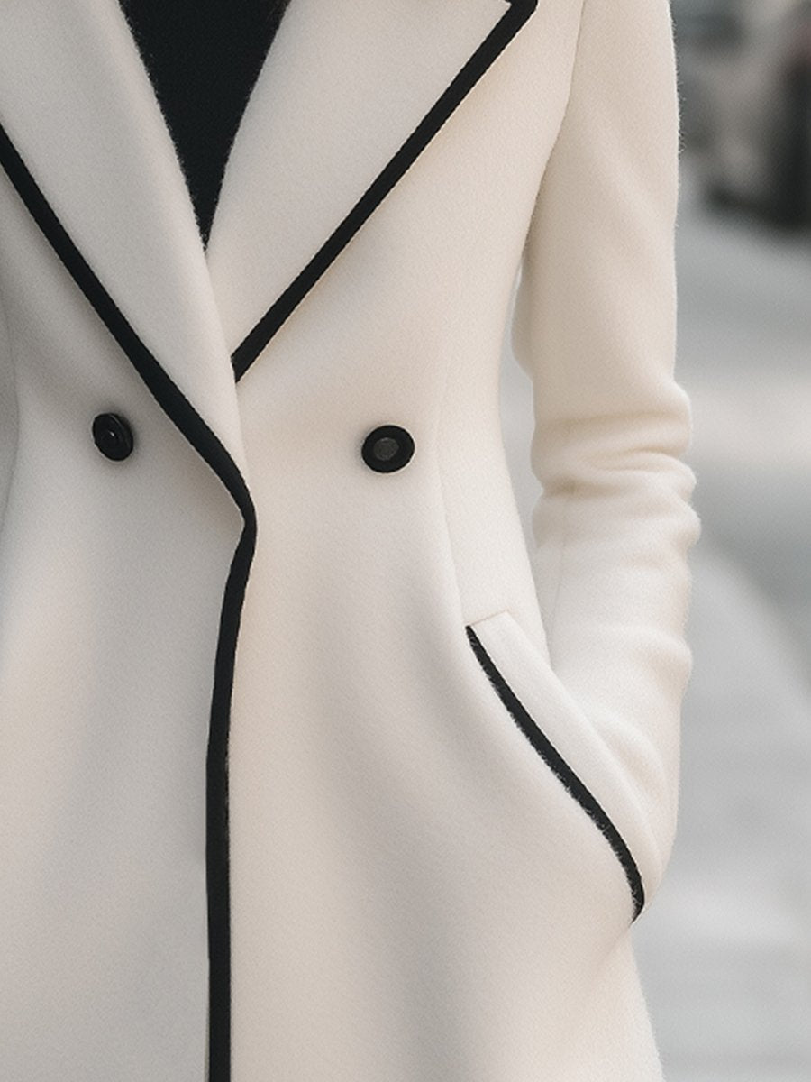 Dames Lange Manteljas – Winterjas met Zwarte Details, Lang Model voor Herfst en Winter