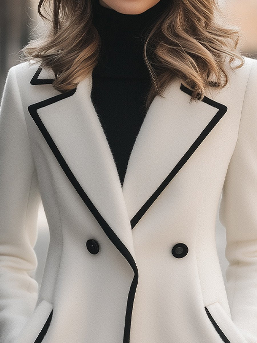 Dames Lange Manteljas – Winterjas met Zwarte Details, Lang Model voor Herfst en Winter