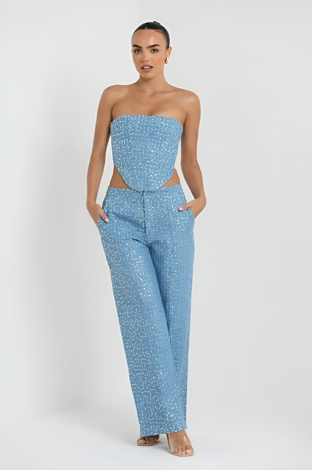 Juzelle Glitter Set voor dames | Denim co-ord met glitters en elegante pasvorm