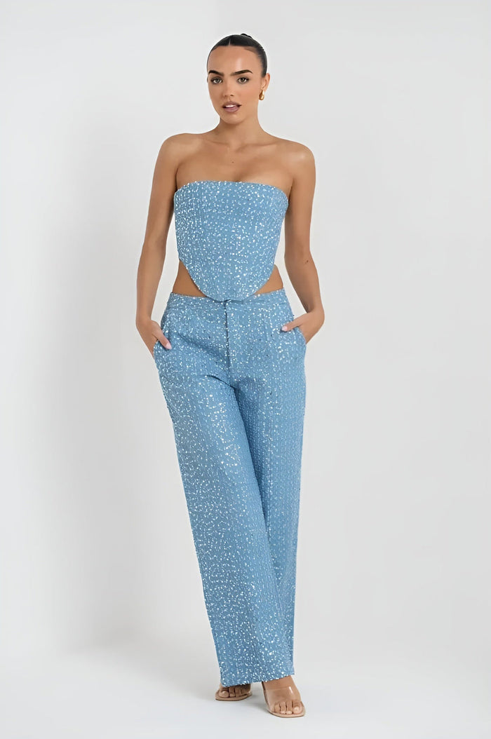 Juzelle Glitter Set voor dames | Denim co-ord met glitters en elegante pasvorm